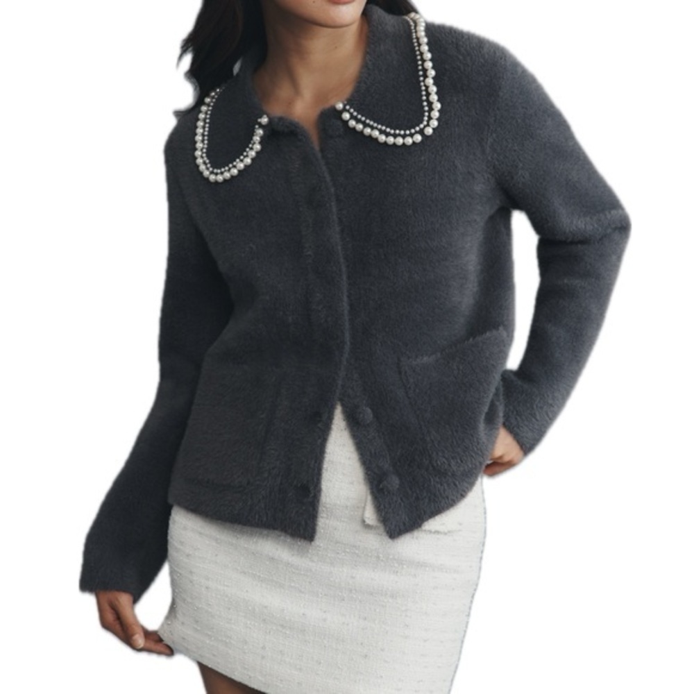 NVLT Pearl Collar Knit Jacket in Gray